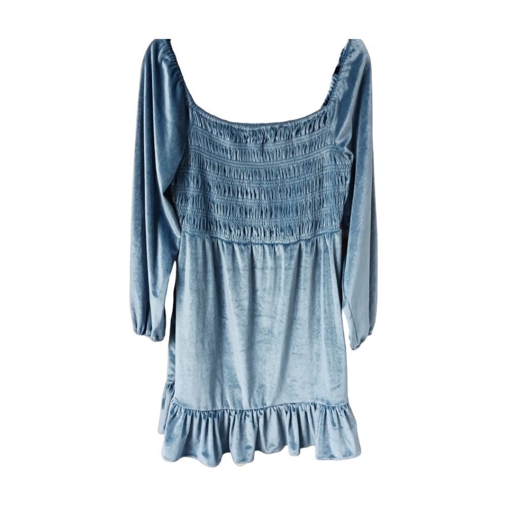 LC LAUREN CONRAD Smocked Flounce Hem LongSleeve Blue Velvet Midi dress Size M - Picture 3 of 17